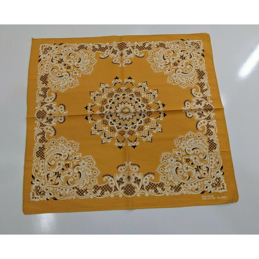 Fast Color Bandana Yellow NOS Made In USA New Old Stock Floral Leaves Ge…